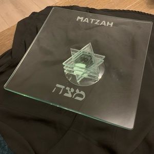 Clear Glass Matzoh Plate 9 7/8” Square           Base 1 3/4” H no chip or cracks